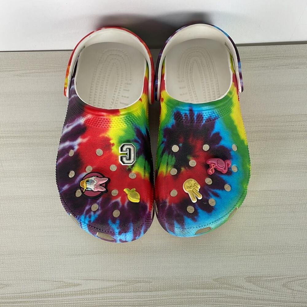 CROCS multicolor unisex slide on clogs with some charms Size Women 9 men 7 - Picture 2 of 11